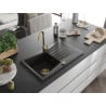 Mexen Cesar chiuvetă de granit cu un compartiment, cu picurător și  baterie de bucătărie Telma, Neagră/Aurie - 6514-75-670200-50
