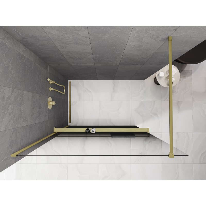 Mexen Kioto+ perete de duș cu poliță Walk-in 90 x 200 cm, ombre negru 8 mm, auriu periat - 800-090-121-55-76