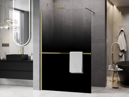 Mexen Kioto+ Zuhanyfal polccal, Walk-in 110 x 200 cm, ombre fekete 8 mm, arany kefe - 800-110-121-55-76