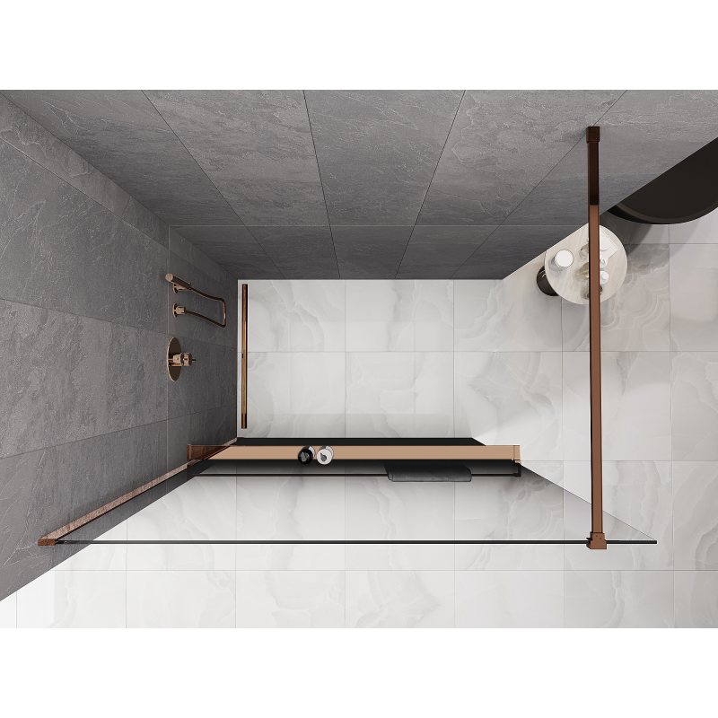 Mexen Kioto+ zuhanyfal polccal Walk-in 140 x 200 cm, fekete ombre 8 mm, rózsaarany - 800-140-121-60-76
