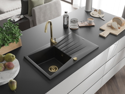 Mexen Cesar chiuvetă granitică 1-cameră cu scurgător și baterie de bucătărie Telma, neagră - 6514-77-670200-50