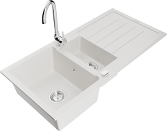 Mexen Andres chiuvetă din granit cu 1,5 compartimente cu scurgător și baterie de bucătărie Telma, alb - 6515-20-670200-00