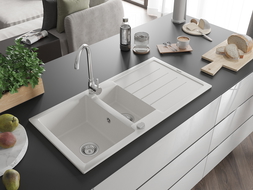 Mexen Andres chiuvetă din granit cu 1,5 compartimente cu scurgător și baterie de bucătărie Telma, alb - 6515-20-670200-00