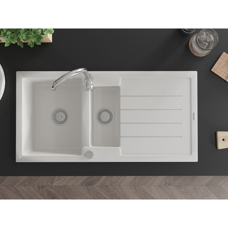 Mexen Andres 1,5-medencés gránit mosogató csepegtetővel és Telma konyhai csappal, fehér – 6515-20-670200-00