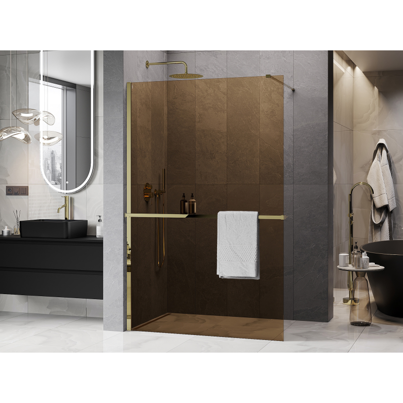 Mexen Kioto+ Walk-in zuhanyfal polccal, 140 x 200 cm, bronz 8 mm, arany - 800-140-121-50-32