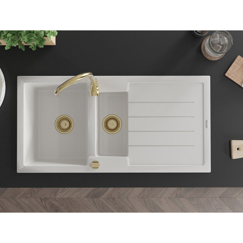Mexen Andres chiuvetă de granit cu 1,5 compartimente cu scurgător și baterie de bucătărie Telma, alb - 6515-20-670200-50