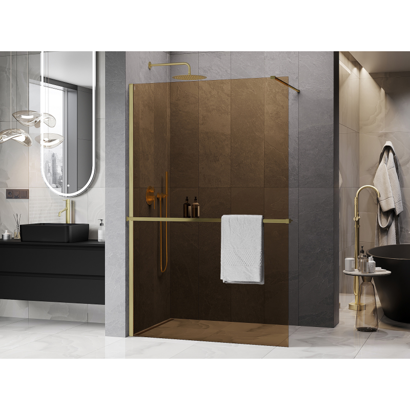 Mexen Kioto+ perete de duș cu raft Walk-in 70 x 200 cm, bronz 8 mm, auriu periat - 800-070-121-55-32