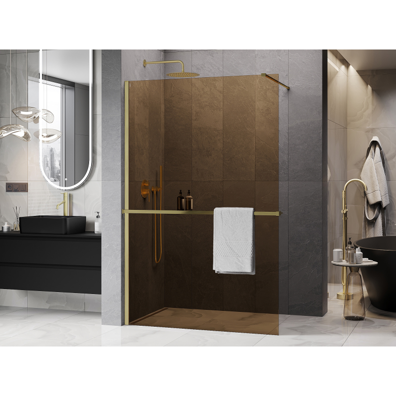 Mexen Kioto+ Zuhanyfal polccal Walk-in 80 x 200 cm, bronz 8 mm, arany kefe - 800-080-121-55-32