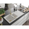 Mexen Andres chiuvetă de granit cu 1,5 compartimente, cu scurgător și baterie de bucătărie Telma, albă - 6515-20-670200-50