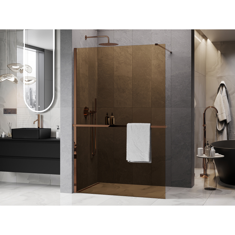 Mexen Kioto+ perete de duș cu raft Walk-in 80 x 200 cm, bronz 8 mm, aur roz - 800-080-121-60-32