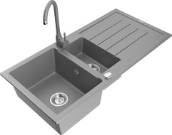 Mexen Andres chiuvetă de granit cu 1,5 compartimente cu scurgător și baterie de bucătărie Telma, gri - 6515-71-670200-71