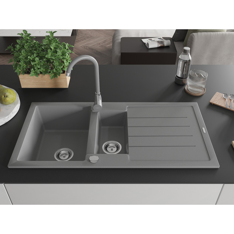 Mexen Andres 1,5 kamrás gránit mosogató csepegtetővel és Telma konyhai csappal, szürke - 6515-71-670200-71