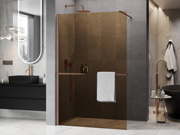 Mexen Kioto+ zuhanyfal polccal Walk-in 140 x 200 cm, bronz 8 mm, csiszolt réz - 800-140-121-65-32
