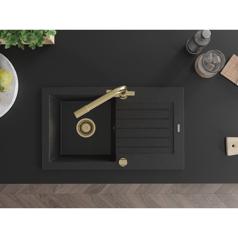 Mexen Pablo chiuvetă de granit cu 1 compartiment cu scurgător și baterie de bucătărie Duero, negru/argintiu metalizat