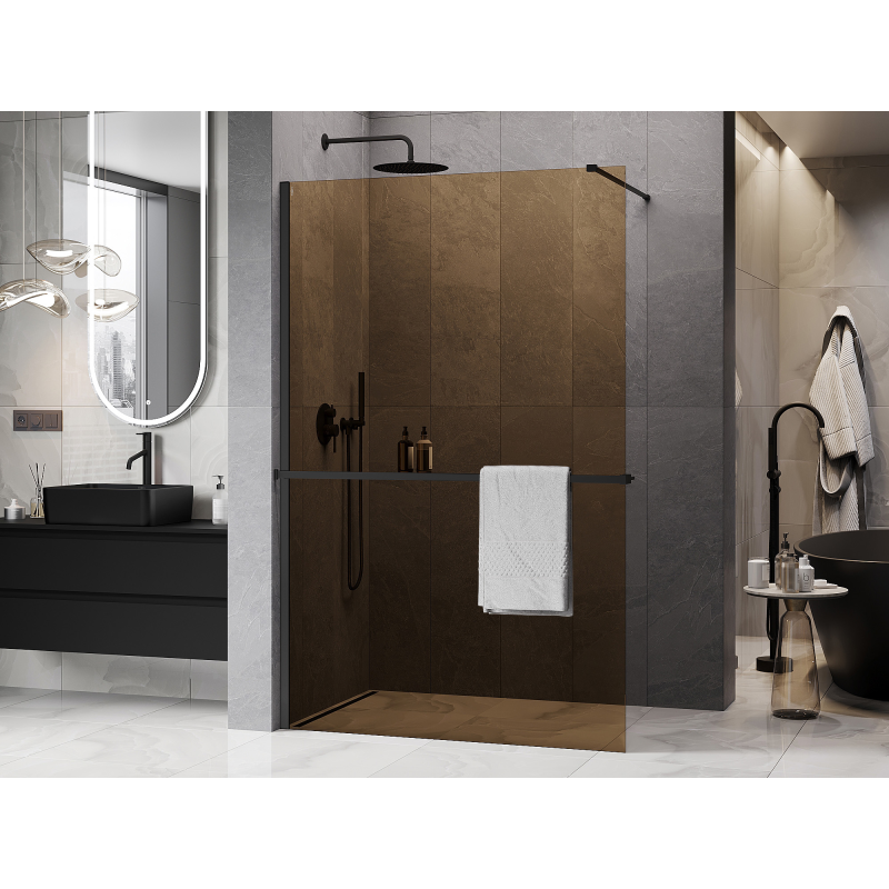 Mexen Kioto+ zuhanyfal polccal Walk-in 80 x 200 cm, 8 mm bronz, fekete - 800-080-121-70-32