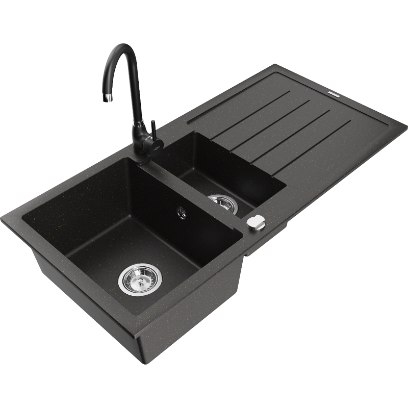 Mexen Andres chiuvetă de granit, cu 1,5 boluri, cu picurător și baterie de bucătărie Telma, negru/auriu - 6515-75-670200-70