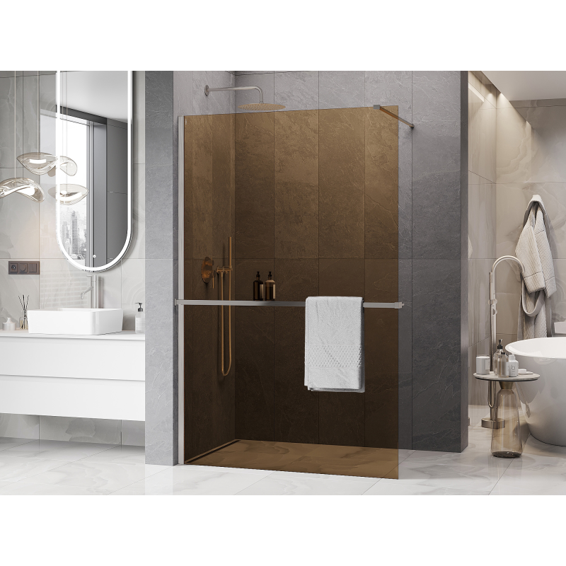 Mexen Kioto+ Zuhanyfal polccal Walk-in 130 x 200 cm, bronz 8 mm, szálcsiszolt nikkel - 800-130-121-97-32