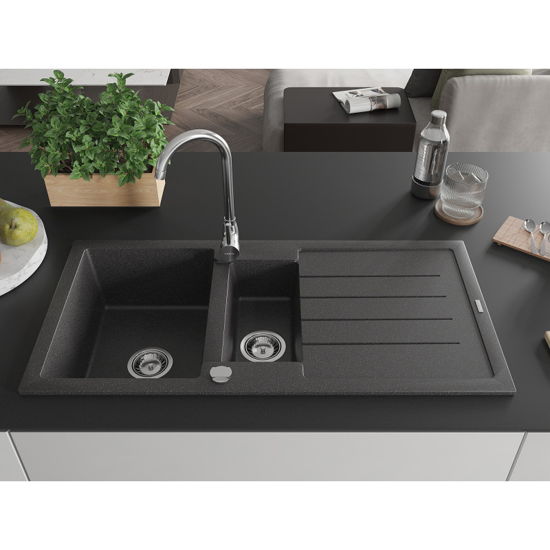 Mexen Andres gránit mosogató 1,5 medencés csepptálcával és Telma konyhai csappal, fekete pöttyös - 6515-76-670200-00