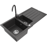 Mexen Andres 1,5 medencés gránit mosogató csepegtetővel és Telma konyhai csapteleppel, fekete leszórt - 6515-76-670200-76