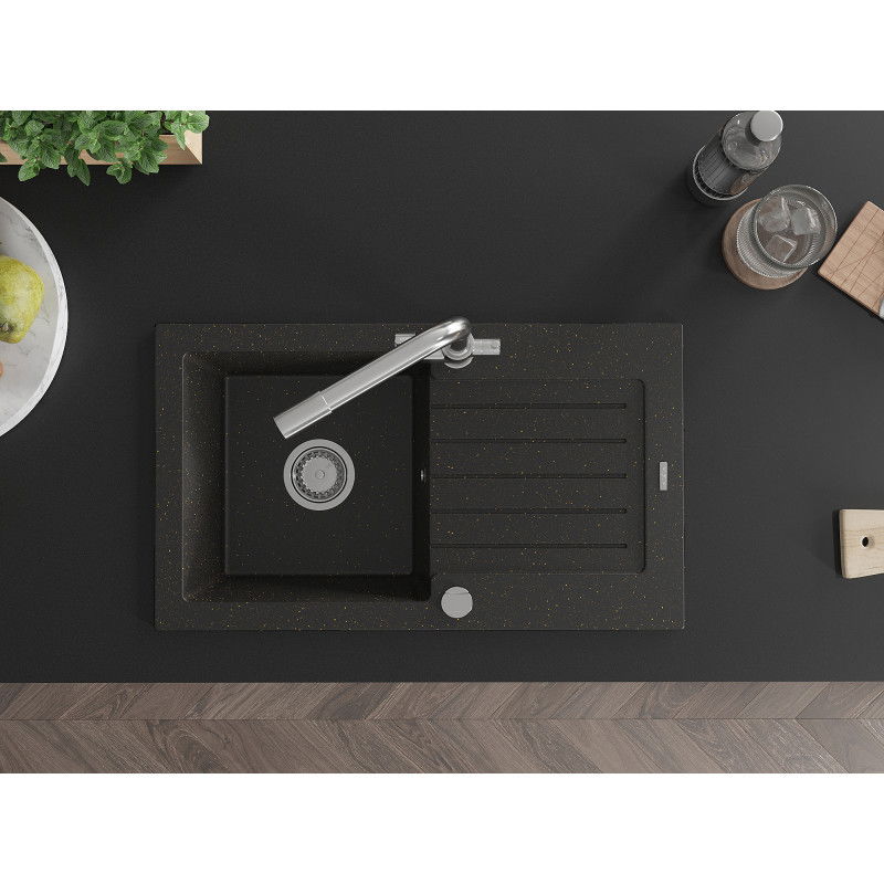 Mexen Pablo 1 rekeszes gránit mosogató lefolyóval és Duero konyhai csapteleppel, fekete/arany metál - 6510-75-671600-00