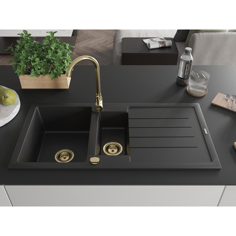Mexen Andres chiuvetă de granit 1,5-camere cu picurător și baterie de bucătărie Telma, negru - 6515-77-670200-50