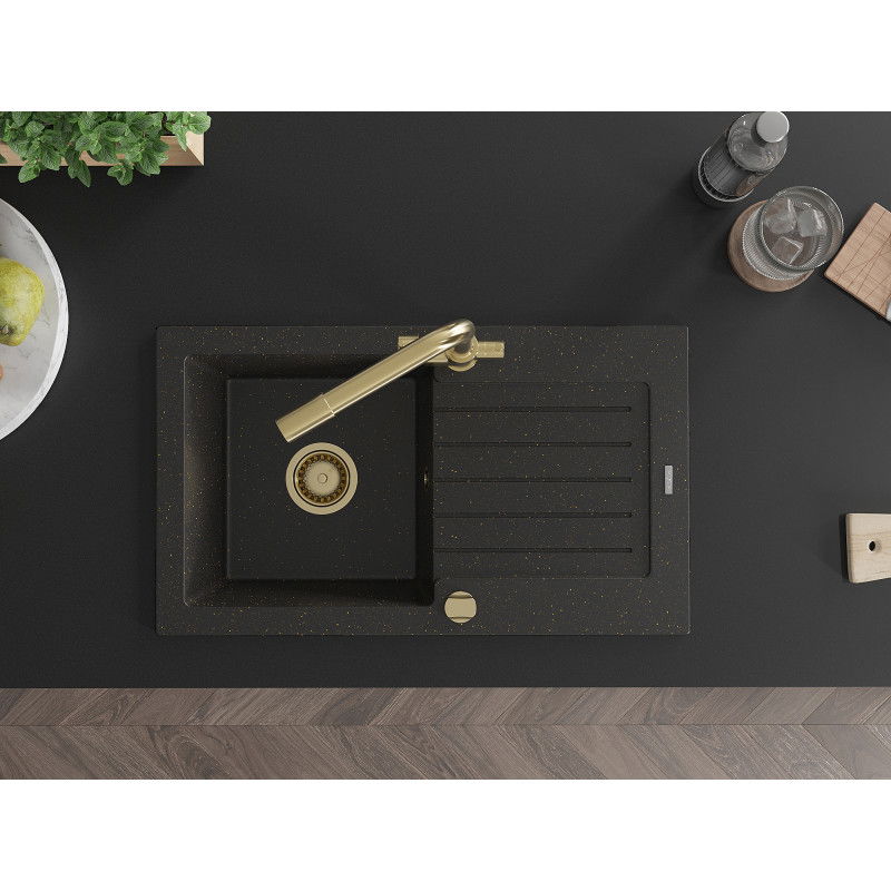 Mexen Pablo chiuvetă din granit cu 1 cuvă cu scurgător și baterie de bucătărie Duero, negru/oro metalizat
