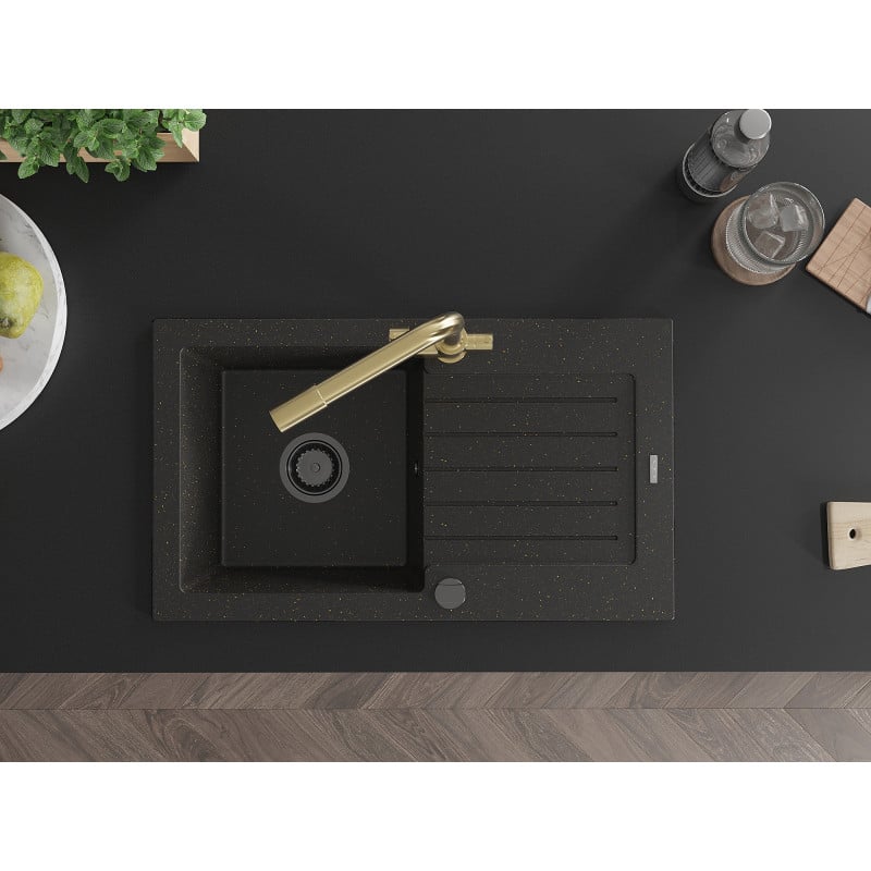Mexen Pablo chiuvetă de granit cu 1 compartiment cu scurgător și baterie de bucătărie Duero, negru/auriu metalic