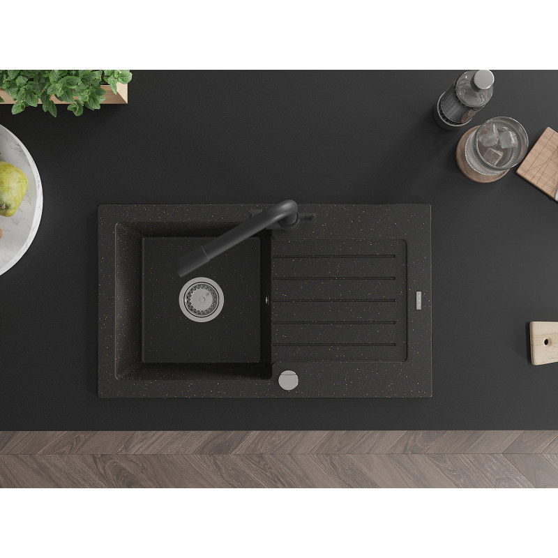 Mexen Pablo gránit mosogató 1 rekeszes csepegtetővel és Duero konyhai csapteleppel, fekete/arany metál - 6510-75-671600-70