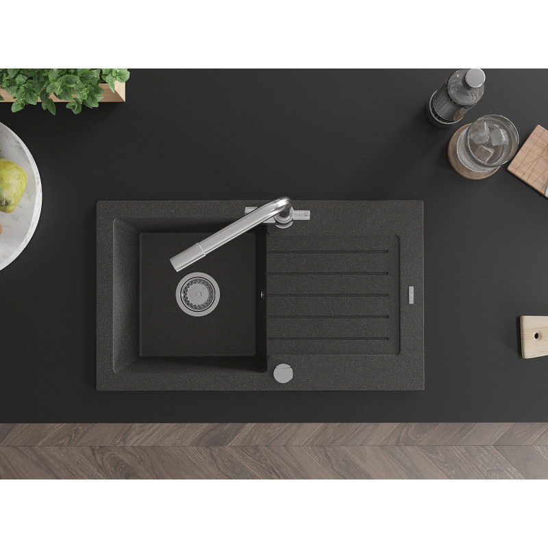 Mexen Pablo chiuvetă de granit cu 1 cuvă și scurgător și baterie de bucătărie Duero, negru cu pete - 6510-76-671600-00