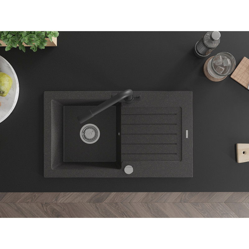 Mexen Pablo gránit mosogatótálca, 1-medencés, csepegtetővel és Duero konyhai csappal, fekete foltos - 6510-76-671600-70