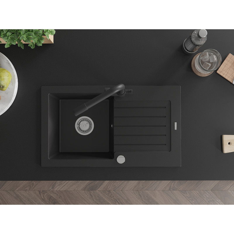 Mexen Pablo chiuvetă din granit cu 1 compartiment cu scurgător și baterie de bucătărie Duero, negru - 6510-77-671600-70