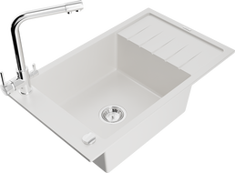 Mexen Elias 1 rekeszes gránit mosogató csepegtetővel és Duero konyhai csapteleppel, fehér - 6511-20-671600-00