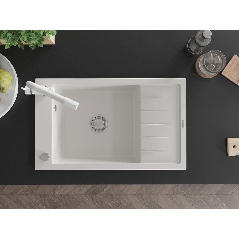 Mexen Elias 1 rekeszes, csepegtetős gránit mosogató Duero konyhai csappal, fehér - 6511-20-671600-20