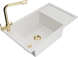 Mexen Elias chiuvetă din granit cu 1 compartiment cu picurător și robinet de bucătărie Duero, alb - 6511-20-671600-50