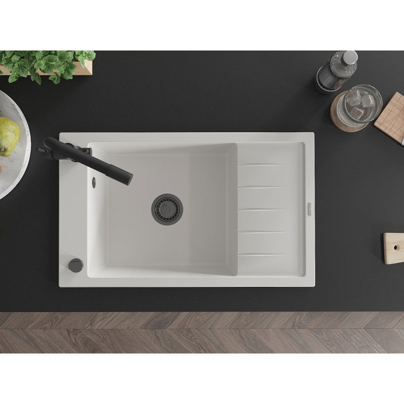 Mexen Elias chiuvetă de granit cu 1 compartiment cu scurgător și baterie de bucătărie Duero, alb - 6511-20-671600-70