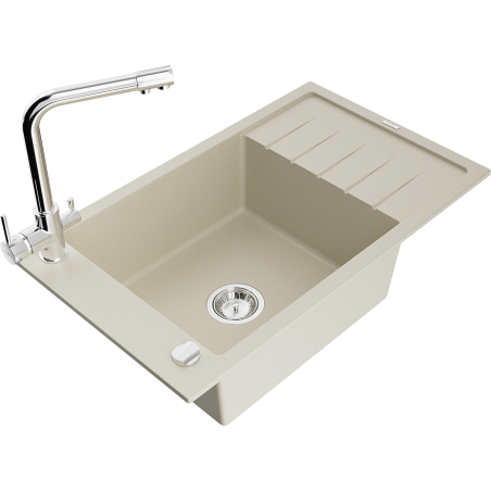Chiuvetă din granit Mexen Elias cu 1 compartiment, cu scurgător și baterie de bucătărie Duero, bej - 6511-69-671600-00