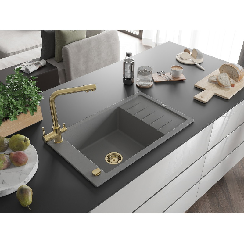 Mexen Elias chiuvetă de granit cu 1 compartiment cu scurgător și baterie de bucătărie Duero, gri - 6511-71-671600-50