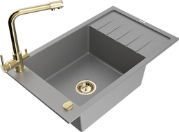 Mexen Elias chiuvetă din granit cu 1 compartiment, cu scurgător și baterie de bucătărie Duero, gri - 6511-71-671600-50