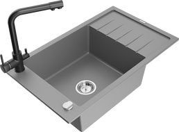 Mexen Elias chiuvetă de bucătărie din granit cu 1 compartiment, cu scurgător și baterie Duero, gri - 6511-71-671600-70
