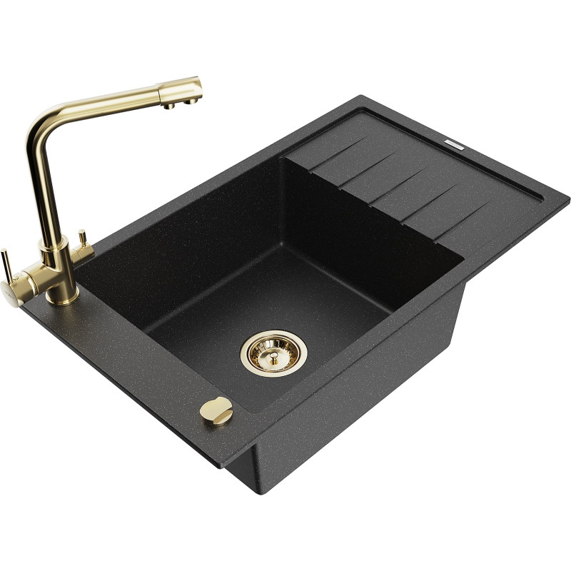 Mexen Elias 1 rekeszes mosogató lefolyóval és konyhai csappal Duero, fekete/ezüst metál - 6511-73-671600-50