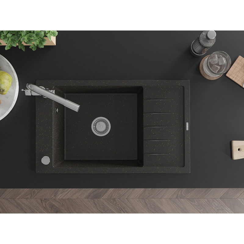 Mexen Elias chiuvetă granit 1-cuvă cu scurgător și baterie de bucătărie Duero, negru/auriu metalizat - 6511-75-671600-00