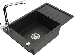 Mexen Elias gránit mosogató 1-medencés csepegtetővel és Duero konyhai csapteleppel, fekete/arany metál - 6511-75-671600-00