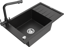 Mexen Elias chiuvetă de granit cu 1 compartiment și scurgător și baterie de bucătărie Duero, negru/metalic argintiu