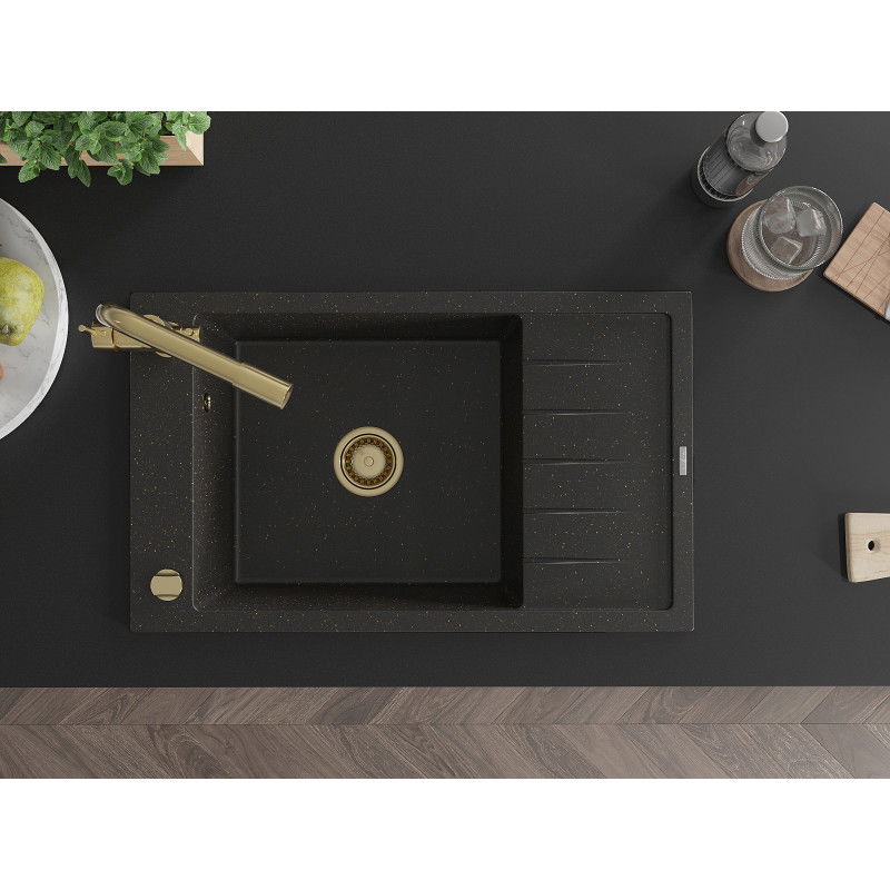 Mexen Elias egymedencés gránit mosogató csepptálcával és Duero konyhai csapteleppel, fekete/arany metál - 6511-75-671600-50