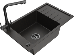 Mexen Elias egymedencés gránitmosogató csepegtetővel és Duero konyhai csappal, fekete/arany metál - 6511-75-671600-70-B