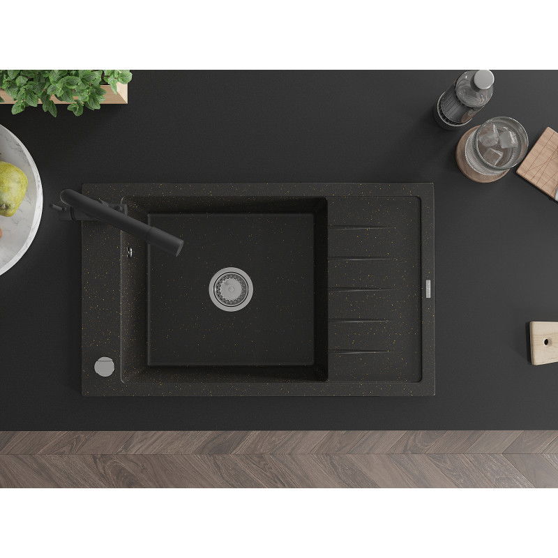 Mexen Elias gránit mosogató 1 medencés, csepegtetővel és Duero konyhai csapteleppel, fekete/arany metál - 6511-75-671600-70