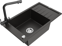 Mexen Elias gránit mosogató 1 medencés, csepegtetővel és Duero konyhai csapteleppel, fekete/arany metál - 6511-75-671600-70