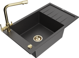 Mexen Elias chiuvetă din granit cu 1 compartiment cu scurgător și baterie de bucătărie Duero, negru cu pete - 6511-76-671600-50