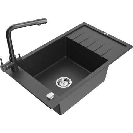 Mexen Elias chiuvetă din granit cu 1 cuvă și scurgător și baterie de bucătărie Duero, negru cu stropi - 6511-76-671600-76