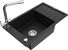 Mexen Elias chiuvetă din granit cu 1 compartiment cu scurgător și baterie de bucătărie Duero, negru - 6511-77-671600-00